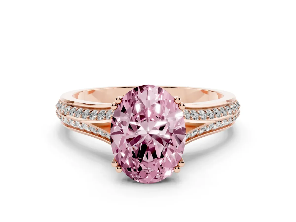 Fancy Pink Oval Cut Diamond Split Shank Engagement Ring with Pavé Band Rose gold