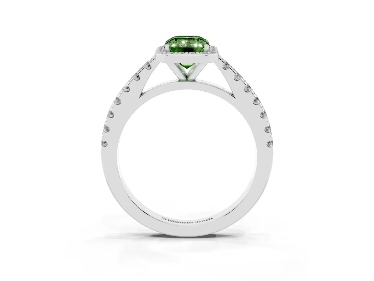 Fancy Green Emerald Cut Cut Halo Diamond Engagement Ring with Pave Band and Four-Prong Setting Platinum