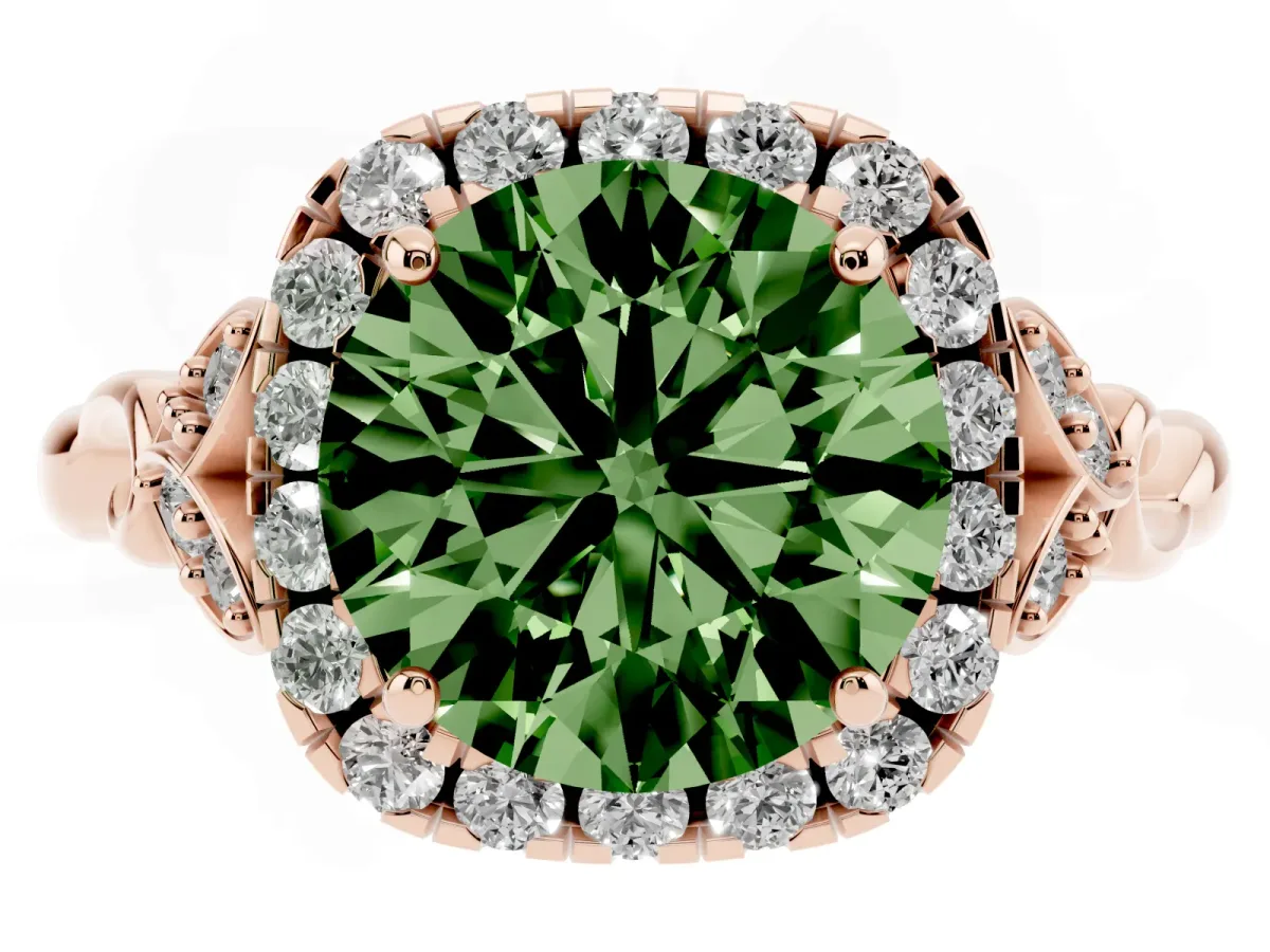 Fancy Green Round Cut Halo Diamond Engagement Ring with Vintage-Inspired Band and Four-Prong Setting Rose gold
