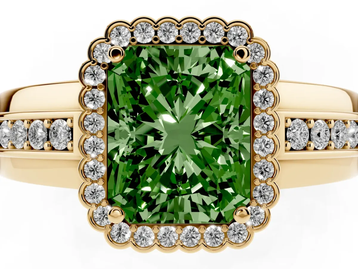 Fancy Green Radiant Cut Cut Halo Pave Band Four-Prong Ring Yellow gold