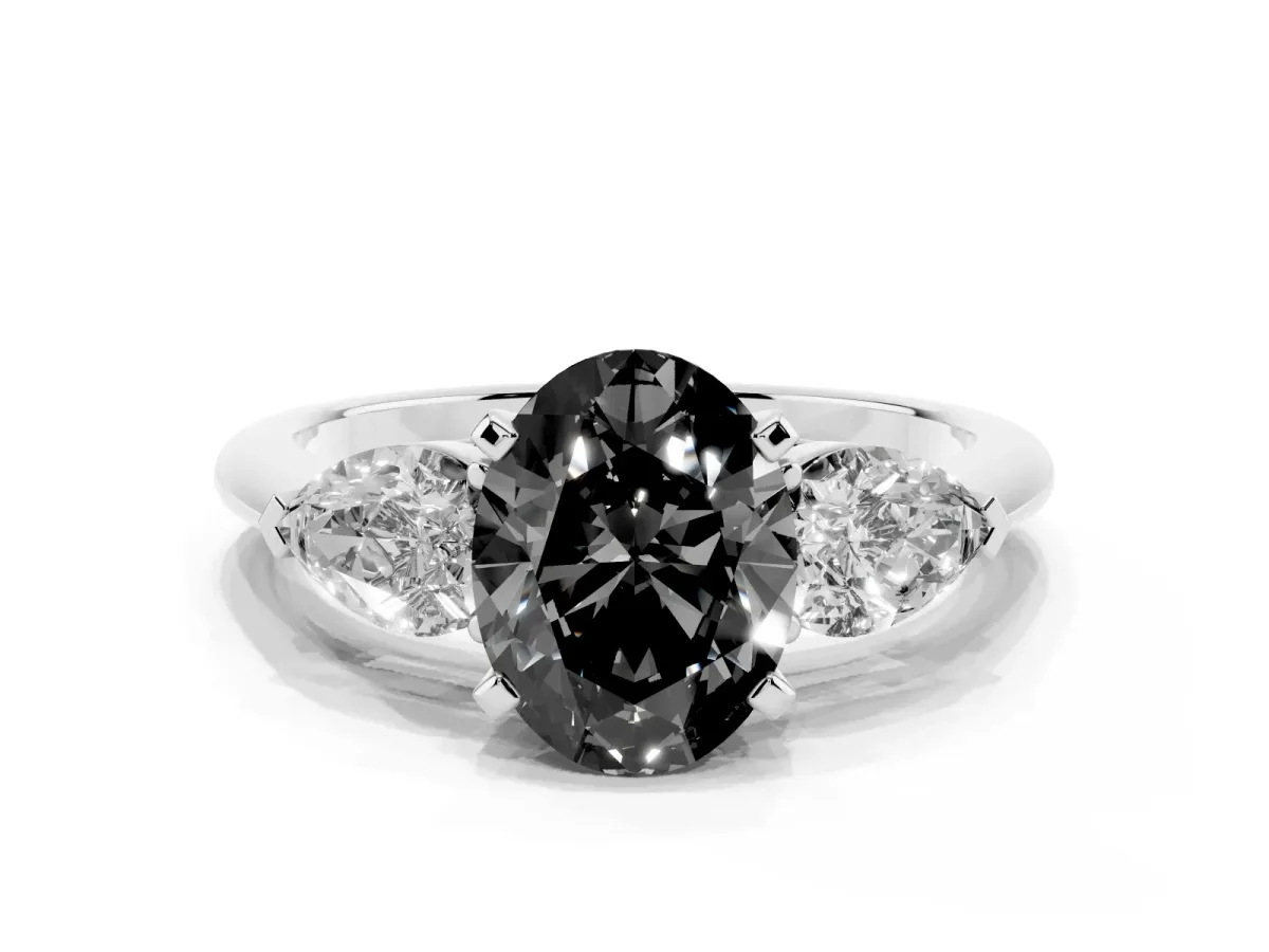 Fancy Black Three-Stone Oval Cut Diamond Ring with Pear Side Stones and Four-Prong Setting Silver