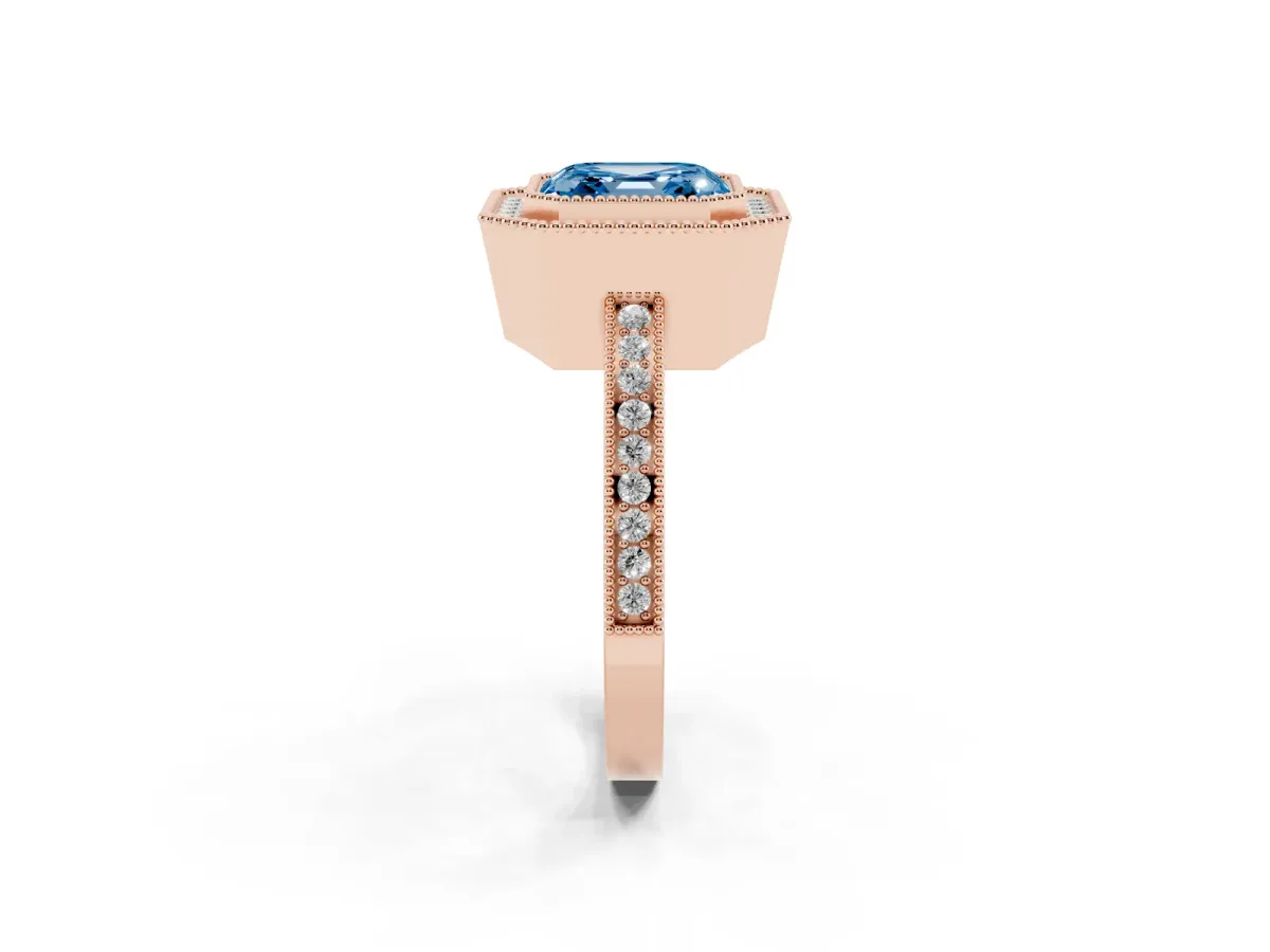 Fancy Blue Asscher Cut Cut Halo Diamond Ring with Pavé Band and Milgrain Prong Setting Rose gold