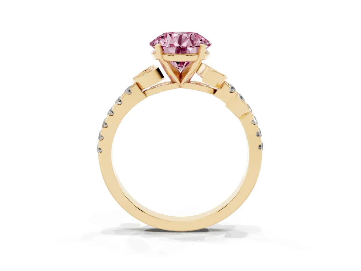 Fancy Pink Round Cut Solitaire Leaf-Inspired Diamond Ring with Pavé Band and Four-Prong Setting Yellow gold
