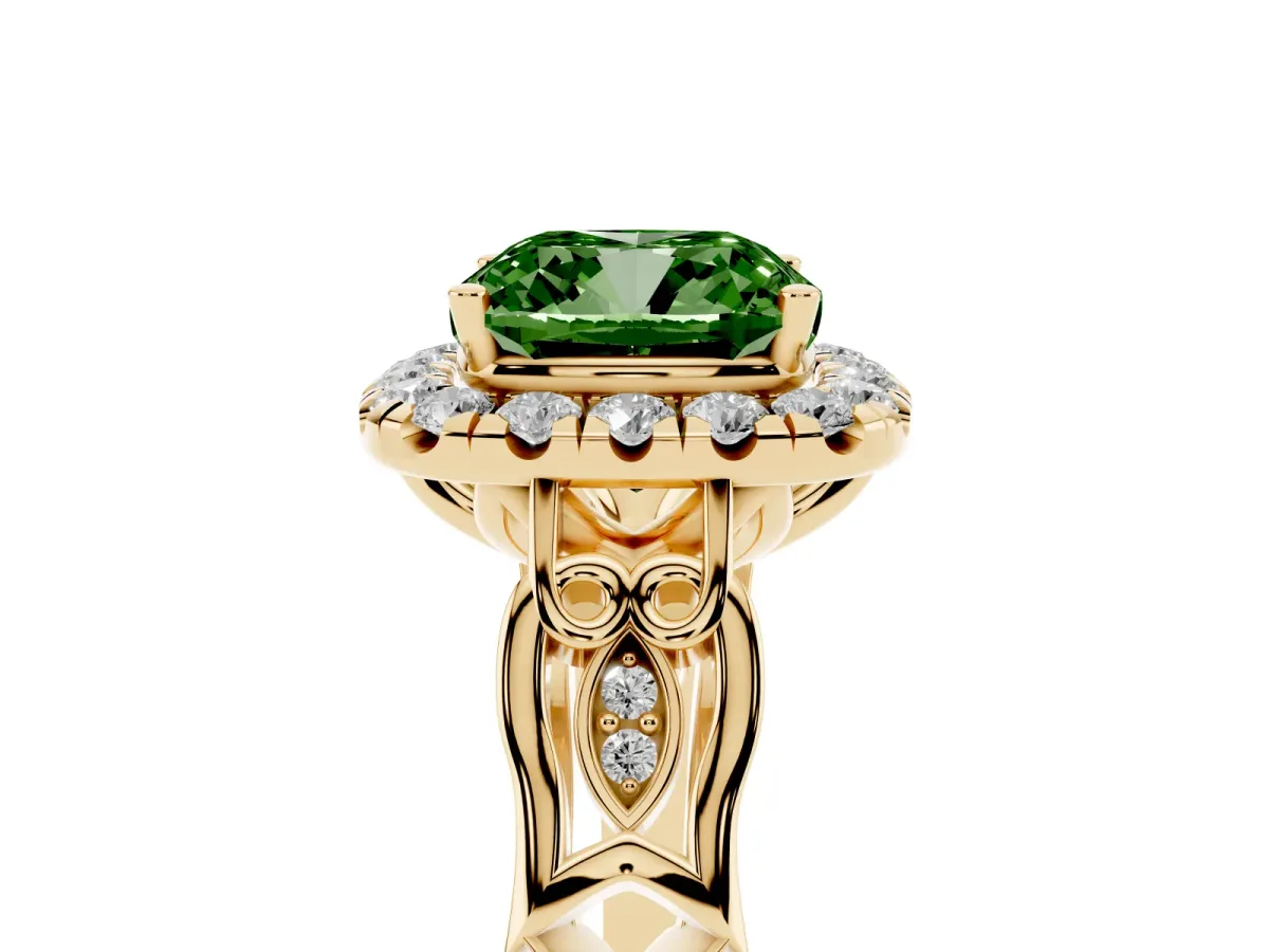 Fancy Green Cushion Cut Halo Diamond Engagement Ring with Filigree Band and Four-Prong Setting Yellow gold
