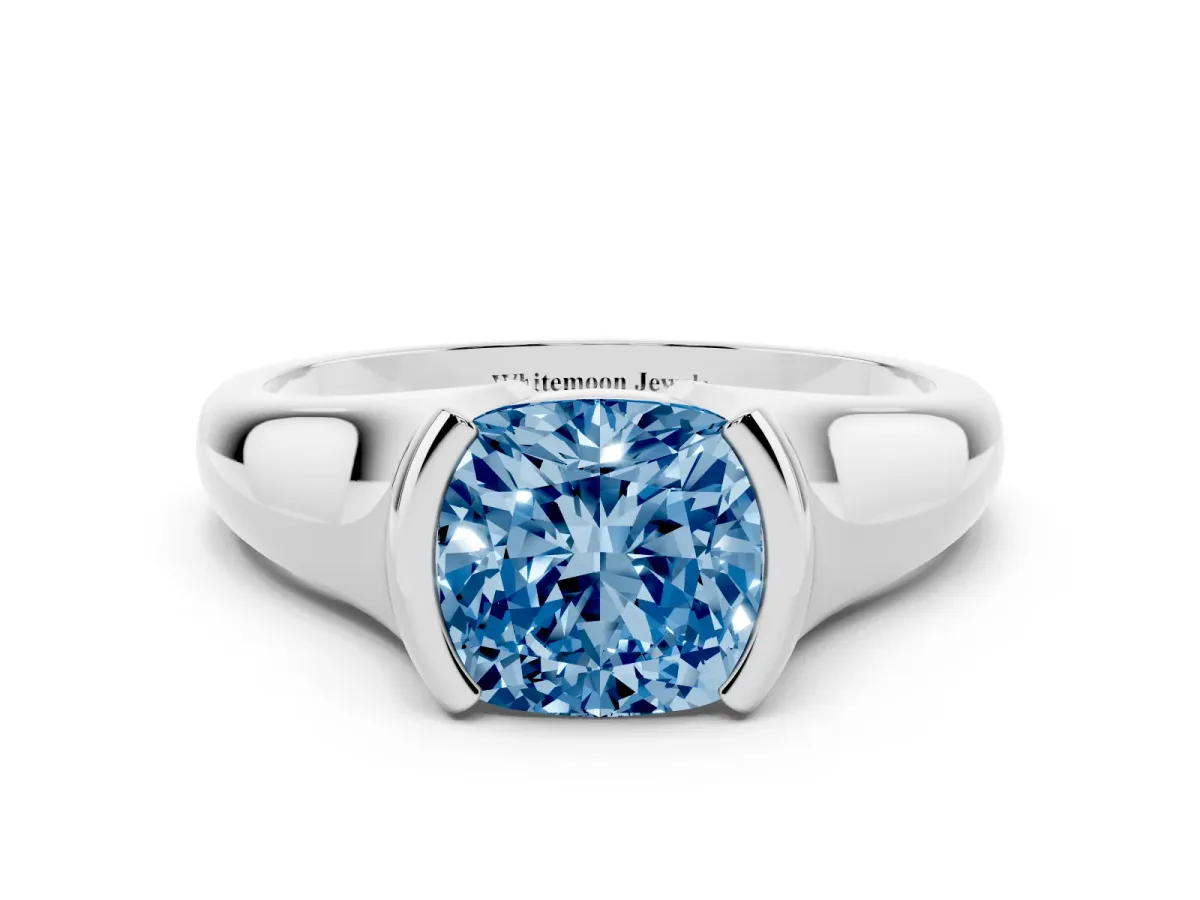 Fancy Blue Cushion Cut Solitaire Tension Set Diamond Ring with Split Shank Band Platinum