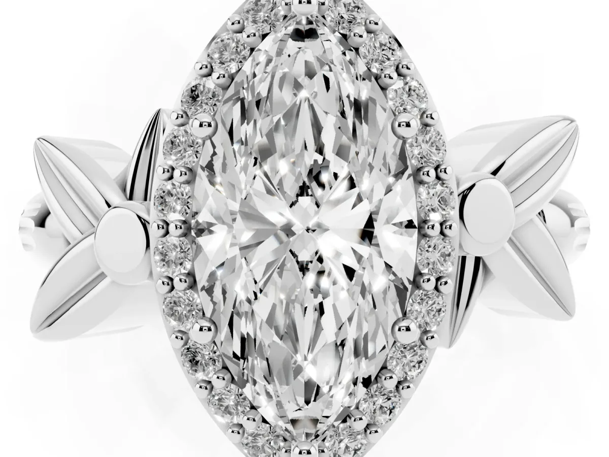 Marquise Cut Halo Diamond Floral Band with Four-Prong Setting White gold