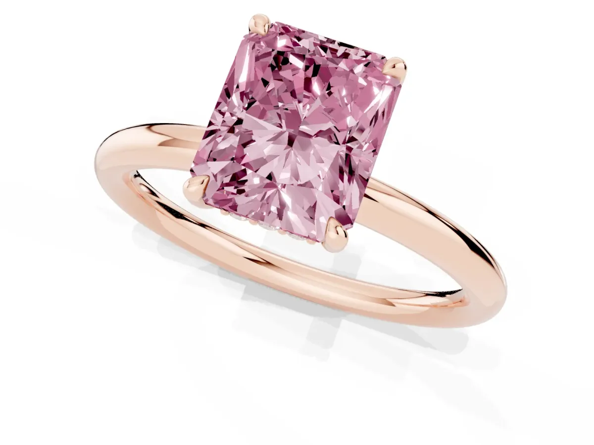 Fancy Pink Radiant Cut Diamond Solitaire Ring with Thin Band and Four-Prong Setting Rose gold