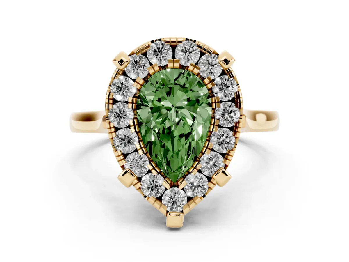 Fancy Green Pear Cut Diamond Cluster Halo Solitaire with Four-Prong Setting Yellow gold