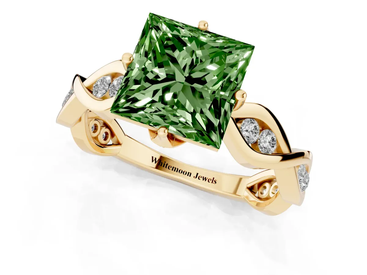 Fancy Green Princess Cut Solitaire Twist Band with Leaf Prong Setting Yellow gold