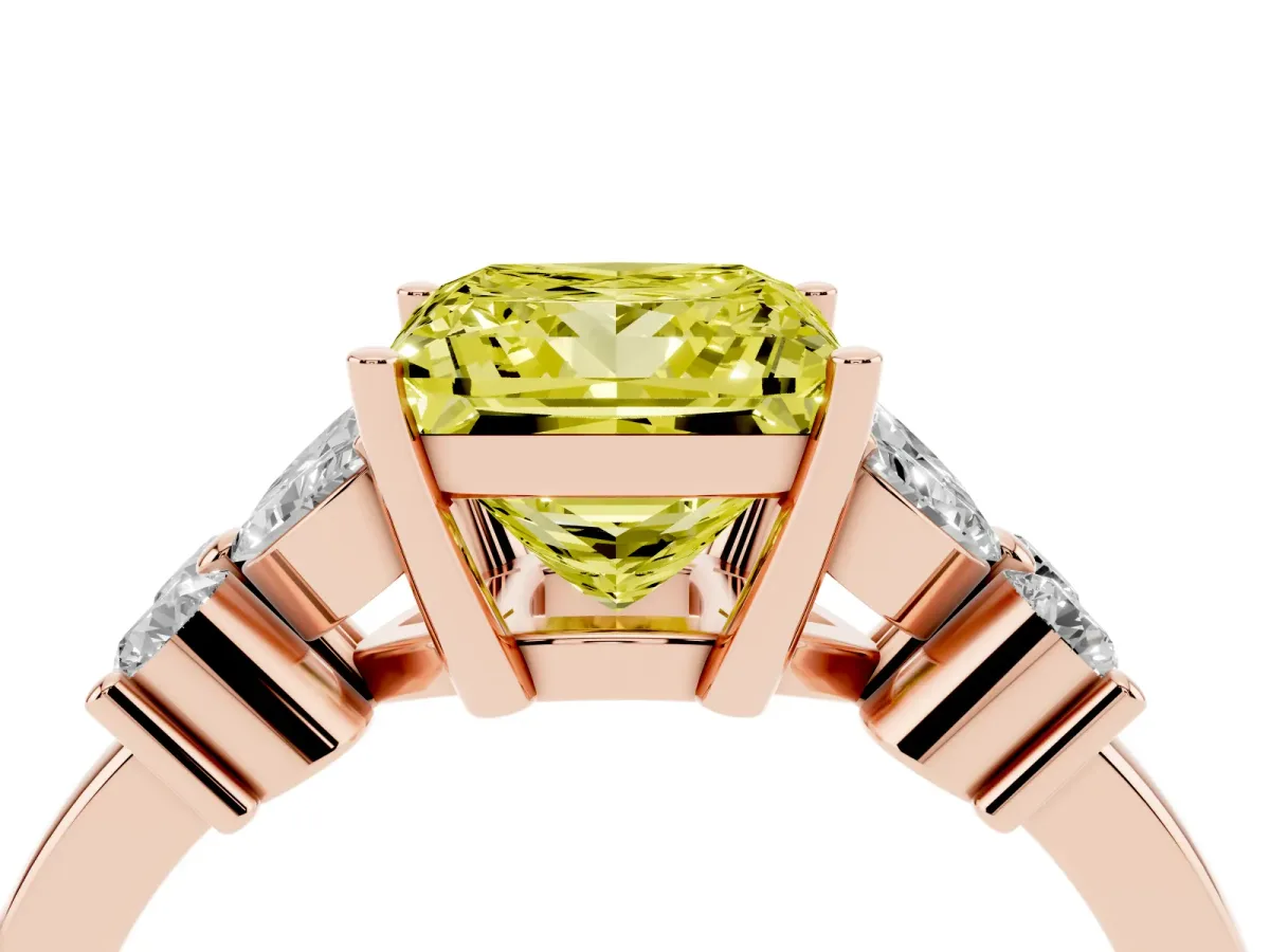 Fancy Yellow Princess Cut Diamond Floral Cluster Ring with Solitaire Band and Prong Setting Rose gold