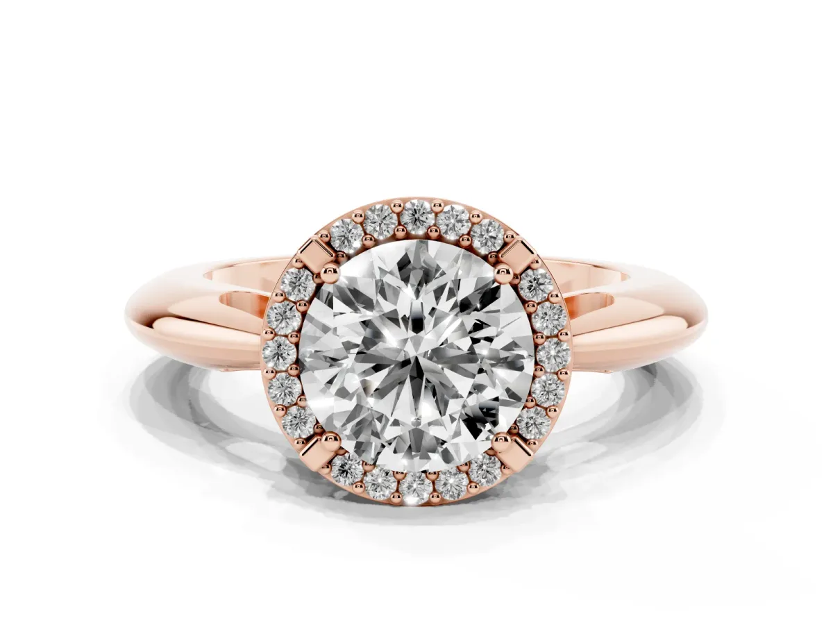 Round Cut Cut Diamond Halo Engagement Ring with Split Shank and Four-Prong Setting Rose gold