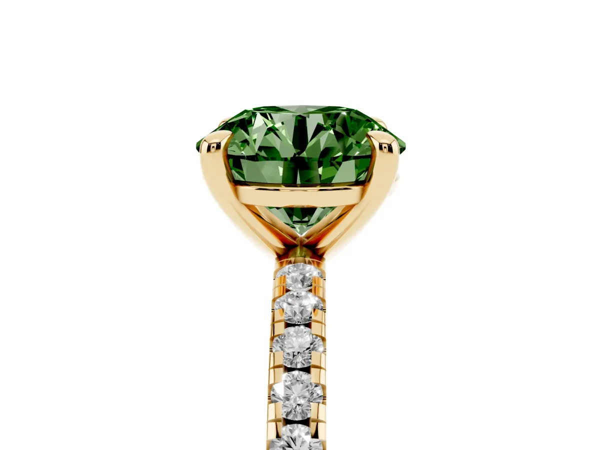 Fancy Green Round Cut Diamond Brilliant Solitaire Ring with Pavé Band and Four-Prong Setting Yellow gold