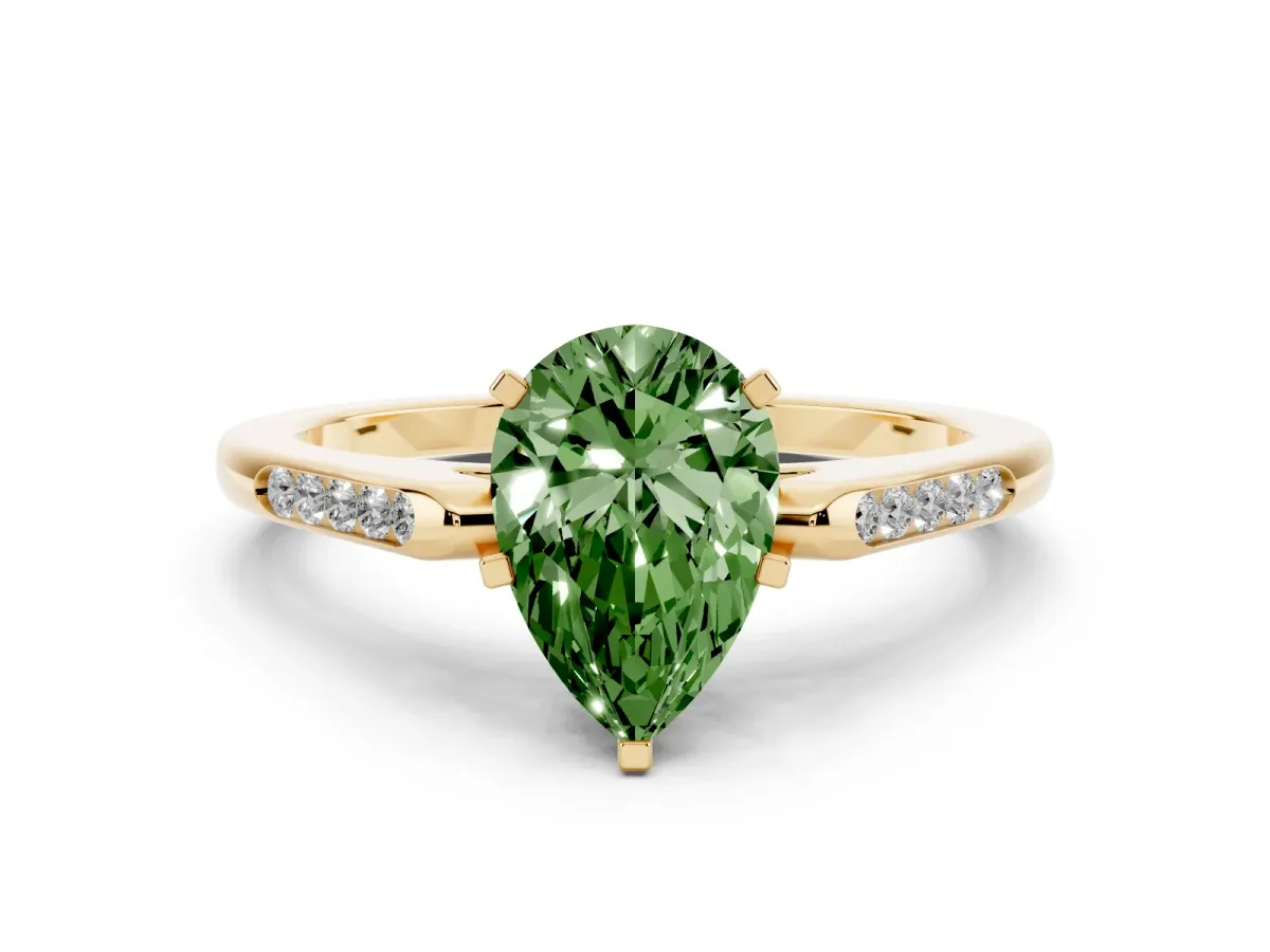 Fancy Green Pear Cut Diamond Solitaire Ring with Channel Set Round Band and Prong Setting Yellow gold