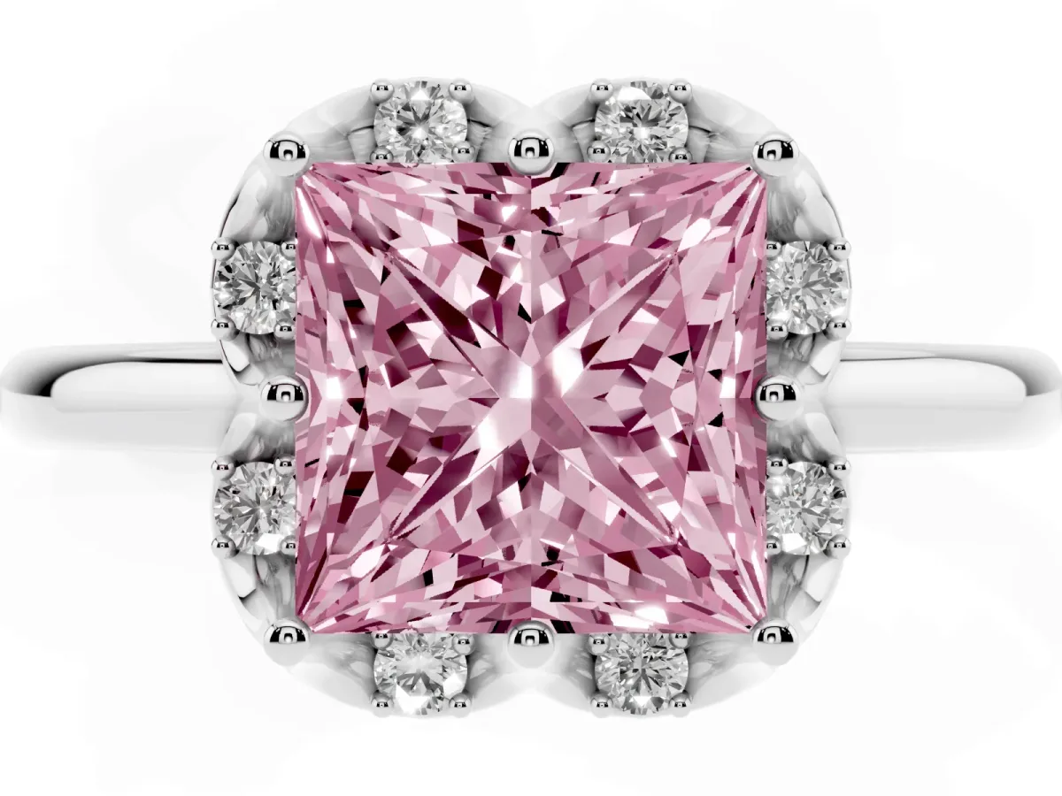 Fancy Pink Princess Cut Halo Diamond Ring with Round Cluster Setting, Solitaire Band, and Four-Prong Setting Platinum