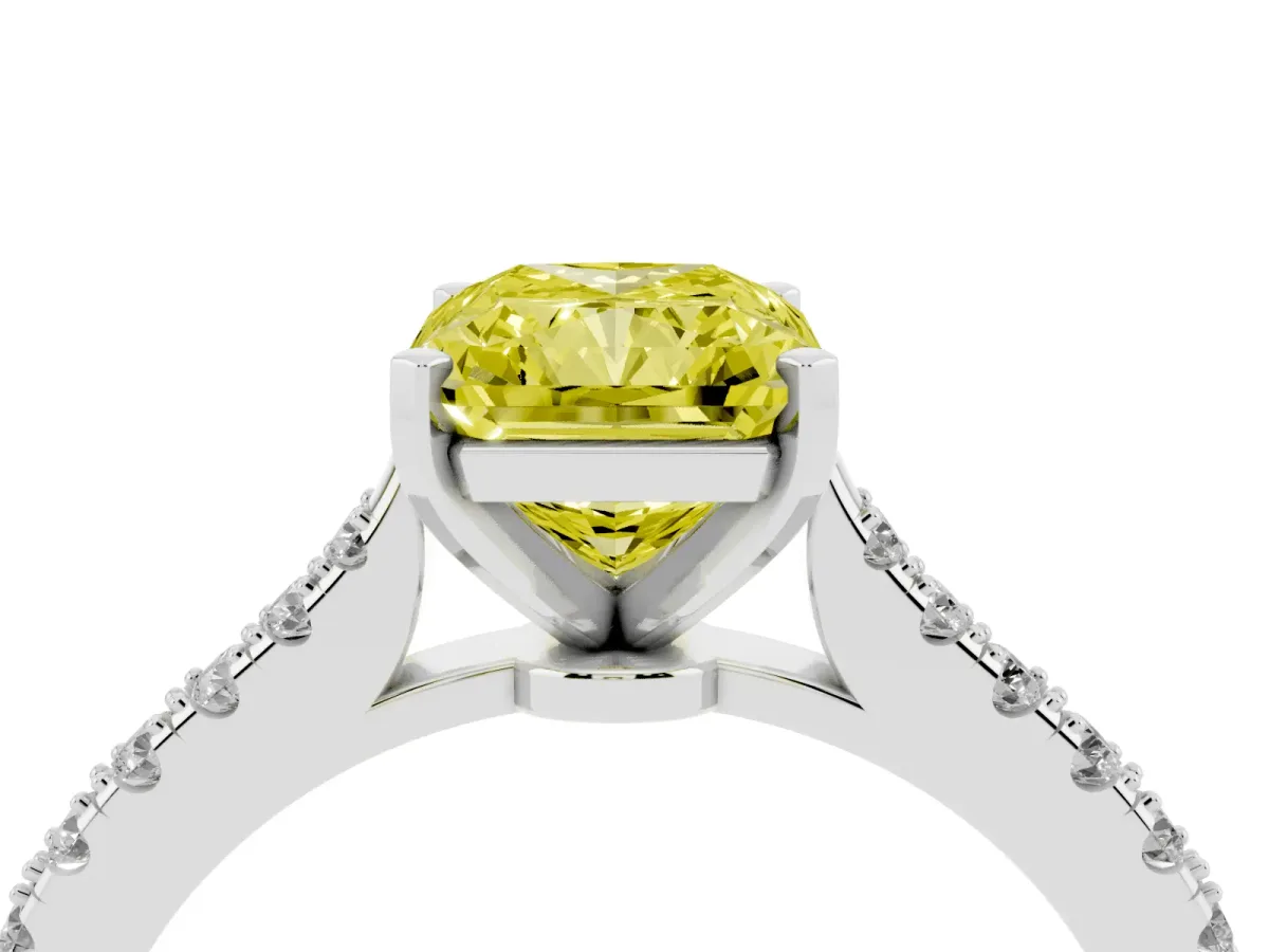 Fancy Yellow Radiant Cut Cut Solitaire Diamond Engagement Ring with Pave Band and Four-Prong Setting Platinum