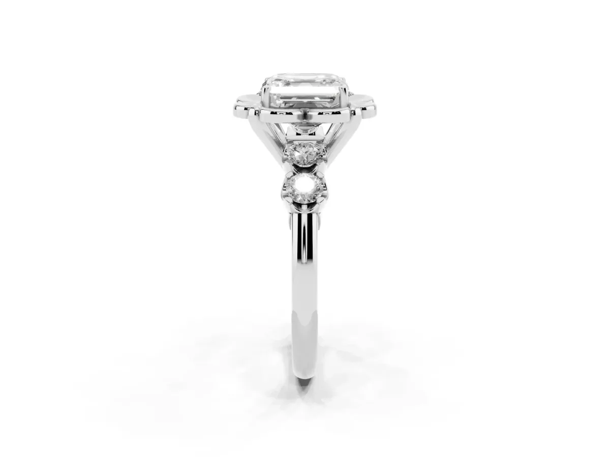 Asscher Cut Cut Diamond Floral Halo Engagement Ring with Shared Prong Setting Silver