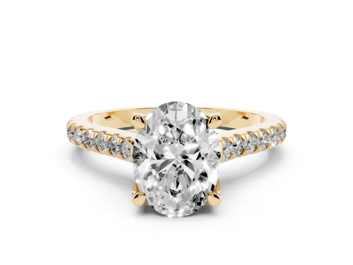 Oval Cut Brilliant Diamond Solitaire with Pavé Band and Four-Prong Setting Yellow gold