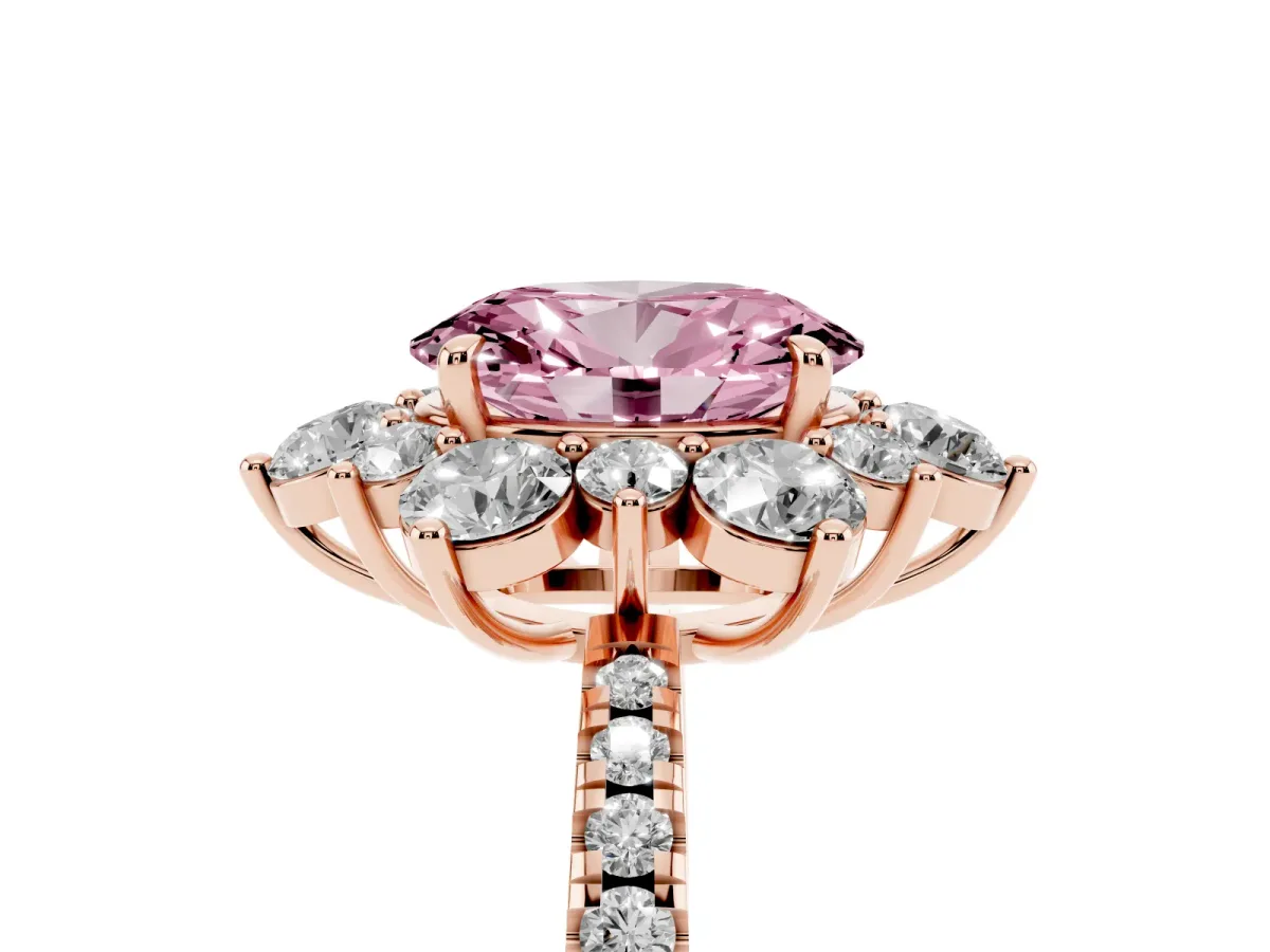 Fancy Pink Oval Cut Diamond Floral Halo Ring with Round Pavé Band and Prong Setting Rose gold
