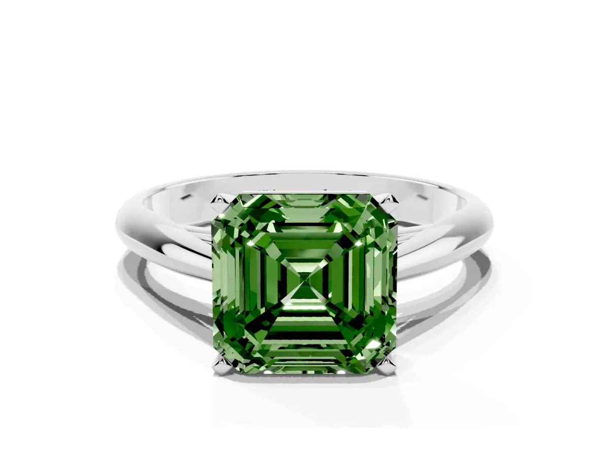 Fancy Green Asscher Cut Diamond Solitaire Engagement Ring with Cathedral Setting and Four-Prong Mount Silver