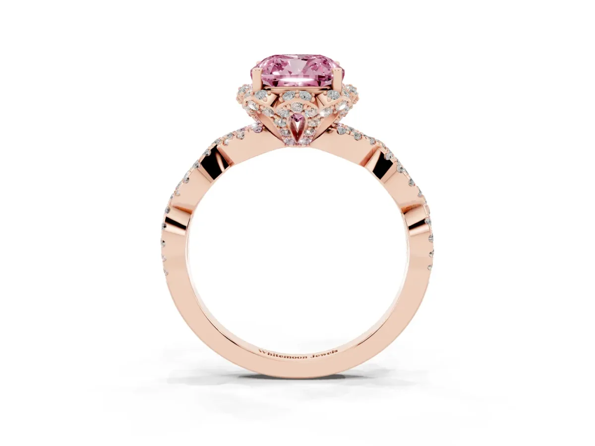 Fancy Pink Cushion Cut Halo Twist Band Solitaire Ring with Six-Prong Setting Rose gold