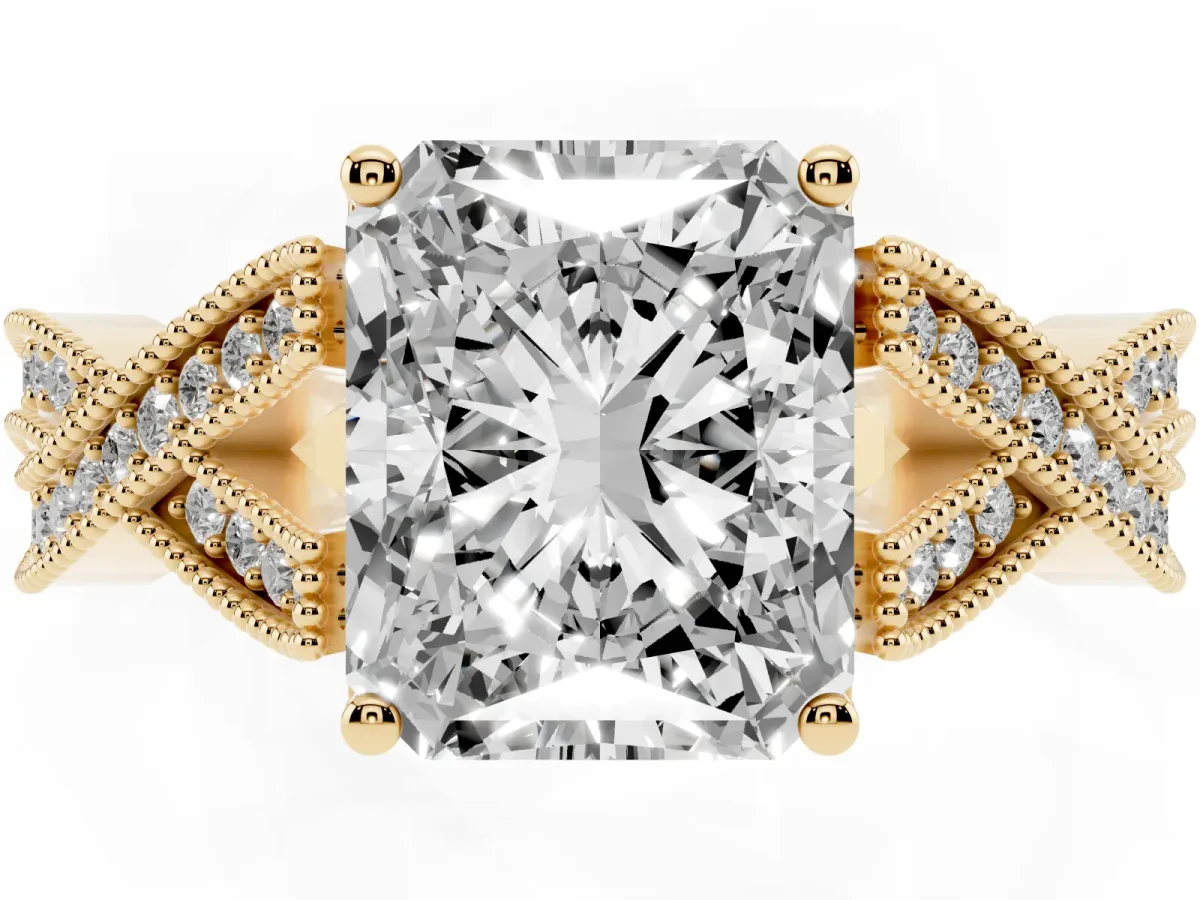 Radiant Cut Cut Diamond Twisted Band with Milgrain Pave Setting and Four-Prong Setting Yellow gold