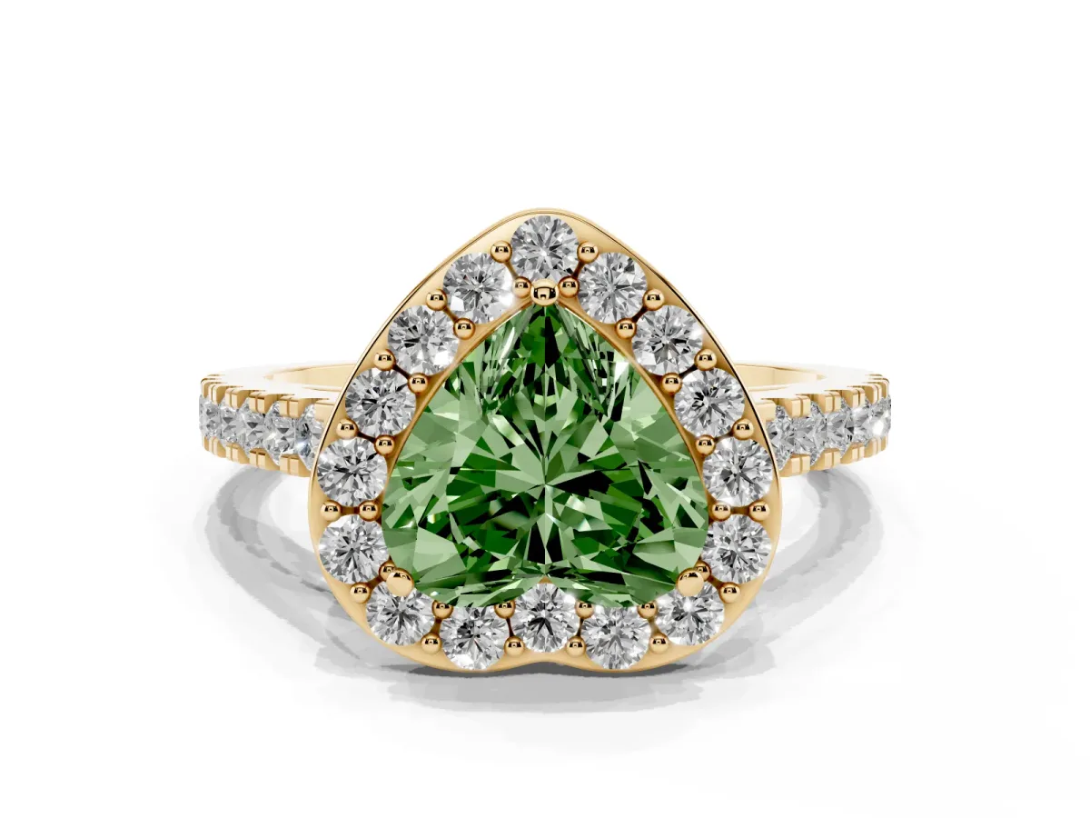 Fancy Green Heart Cut Diamond Halo Ring with Round Pavé Split Shank and Prong Setting Yellow gold