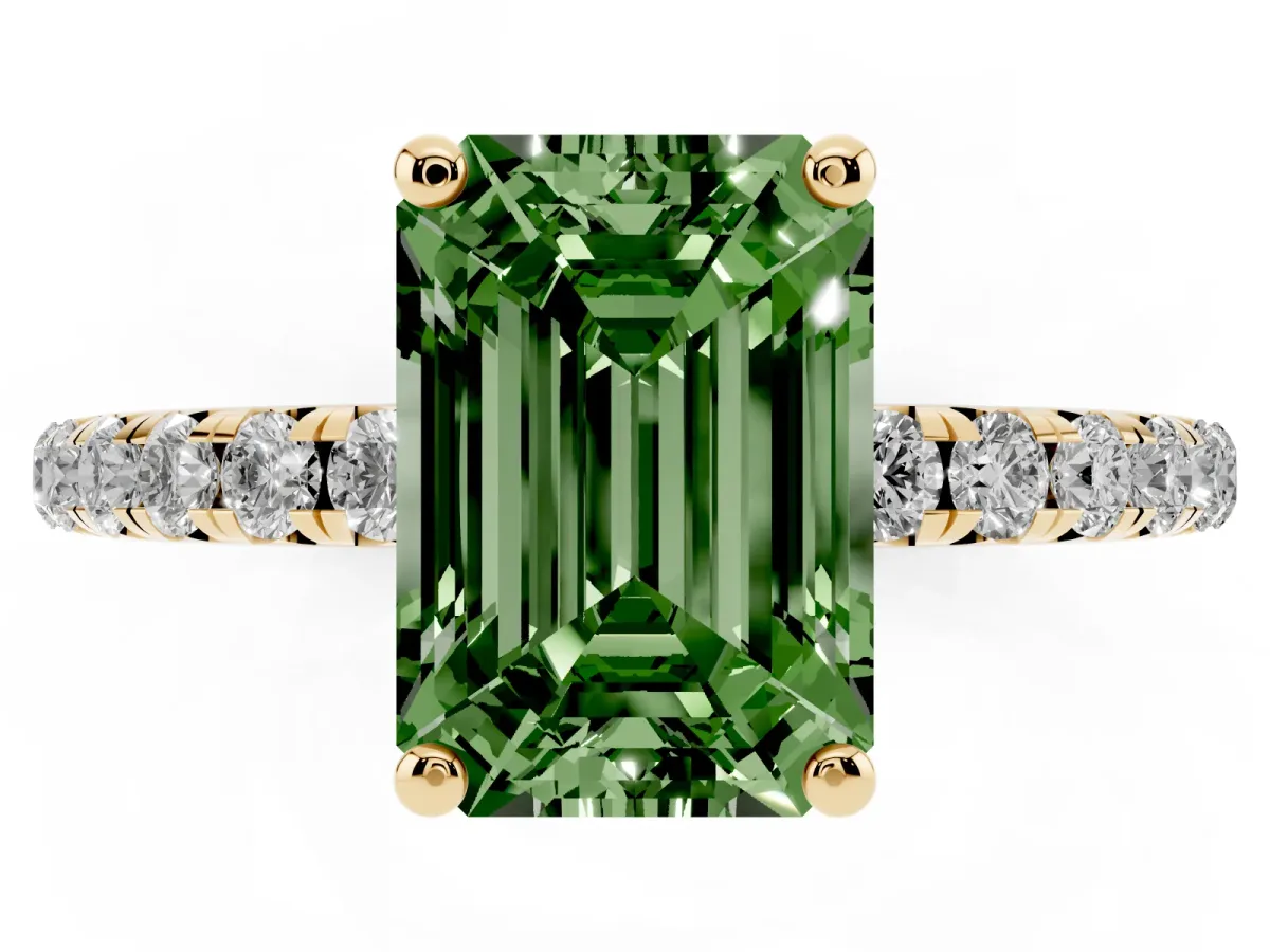 Fancy Green Emerald Cut Cut Diamond Solitaire Ring with Micro Pave Band and Four Prong Setting Yellow gold