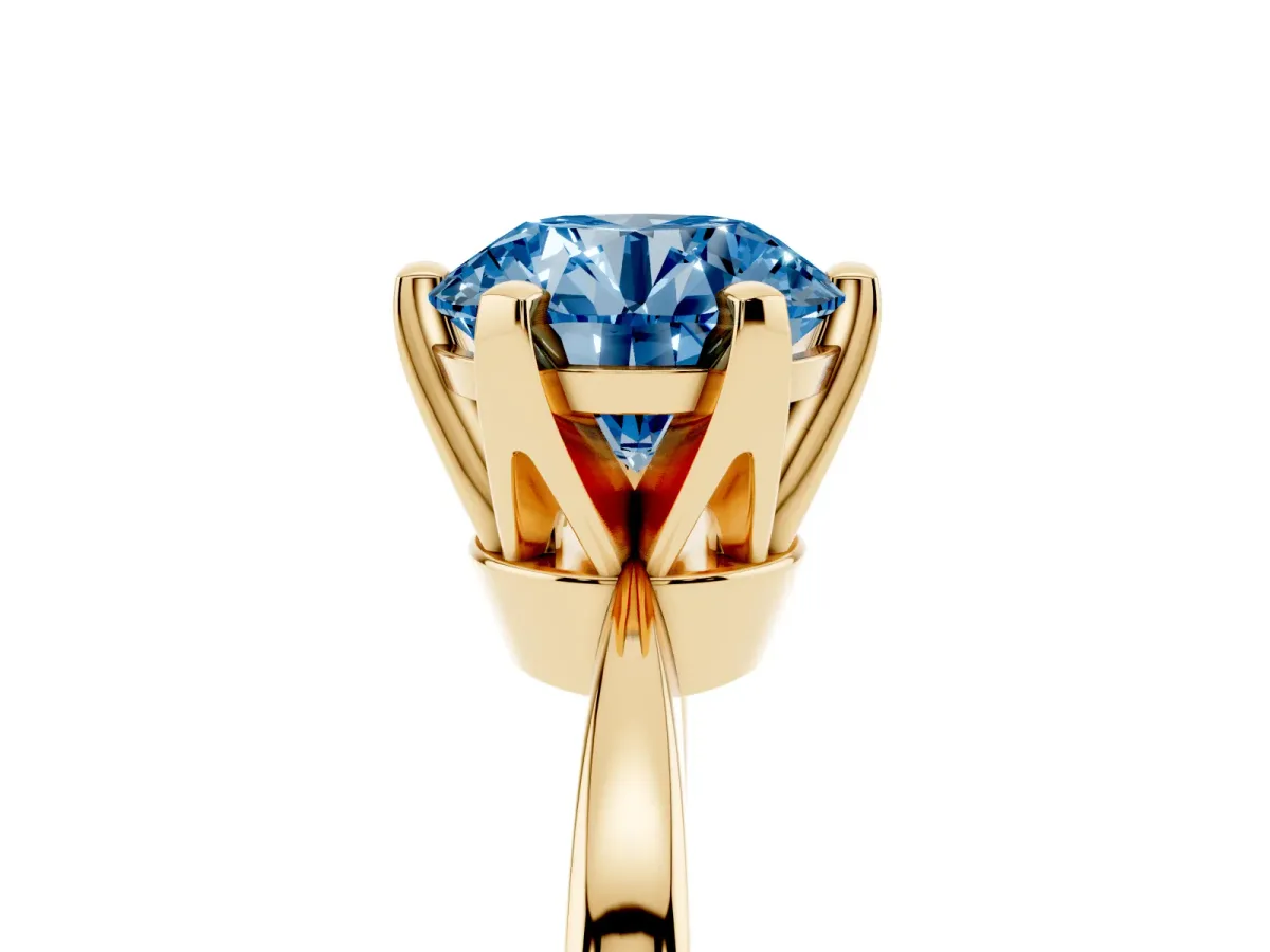 Fancy Blue Round Cut Solitaire Engagement Ring with Six-Prong Setting and Tapered Band Yellow gold