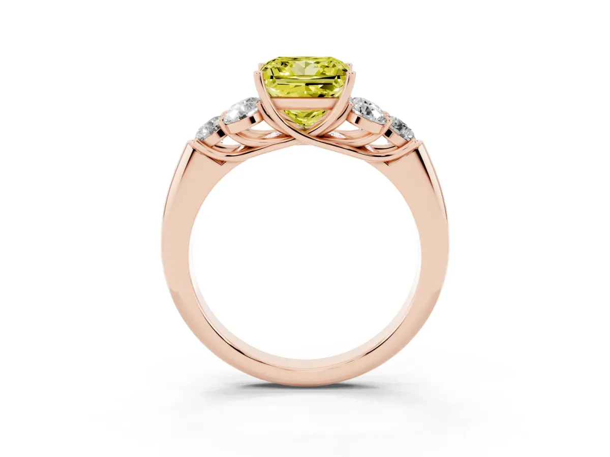 Fancy Yellow Princess Cut Cut Diamond Cluster Ring with Round Accent Stones and Prong Setting on a Classic Band Rose gold