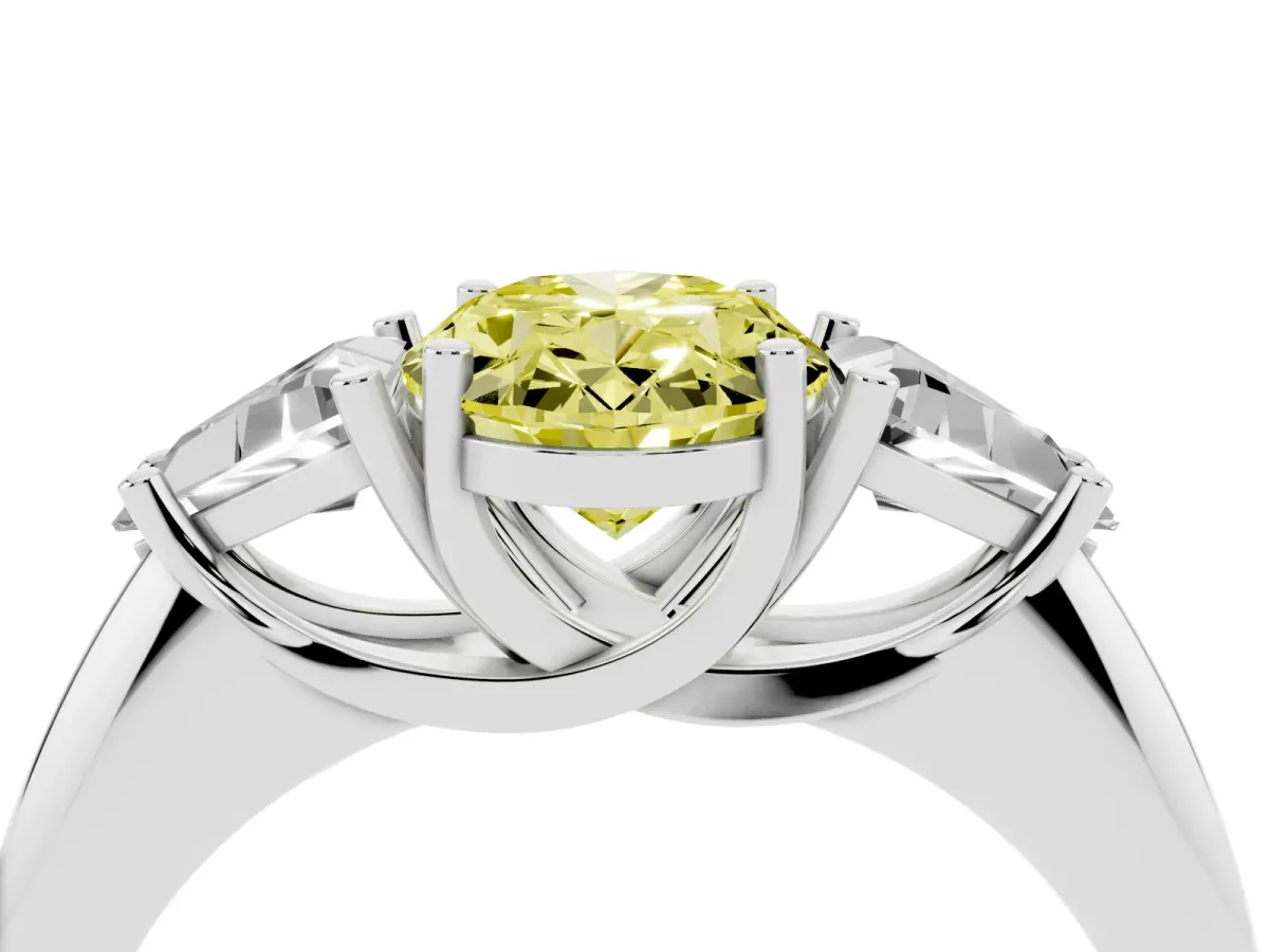 Fancy Yellow Three-Stone Oval Cut Diamond Engagement Ring with Trillion Side Stones and Prong Setting Silver
