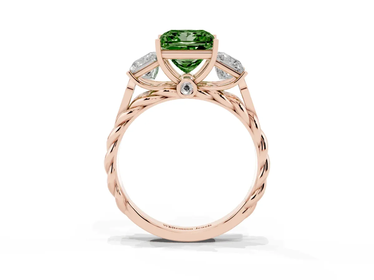 Fancy Green Three-Stone Princess Cut Diamond Braided Band Ring with Four-Prong Setting Rose gold