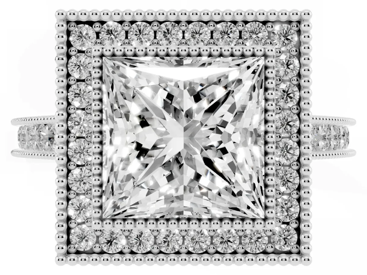 Halo Princess Cut-Cut Diamond Pave Band Milgrain Prong Setting Ring Silver