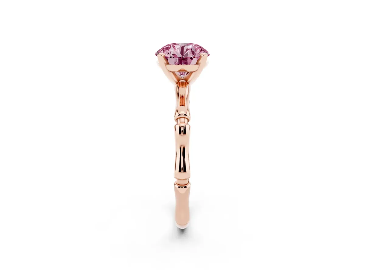 Fancy Pink Round Cut Solitaire Diamond Ring with Bamboo Band and Four-Prong Setting Rose gold
