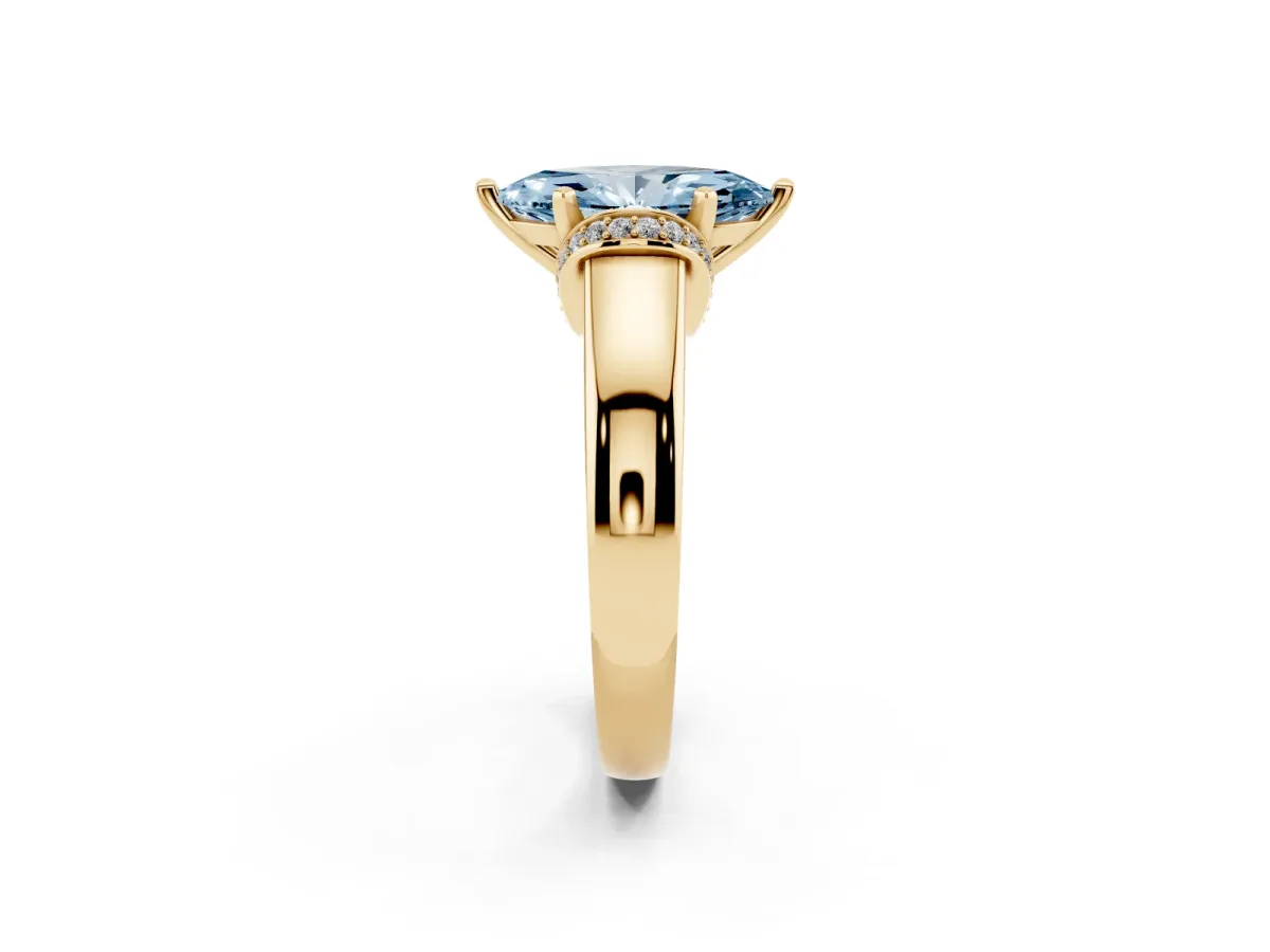 Fancy Blue Marquise Cut Solitaire Diamond Ring with Pave Band and Six-Prong Setting Yellow gold