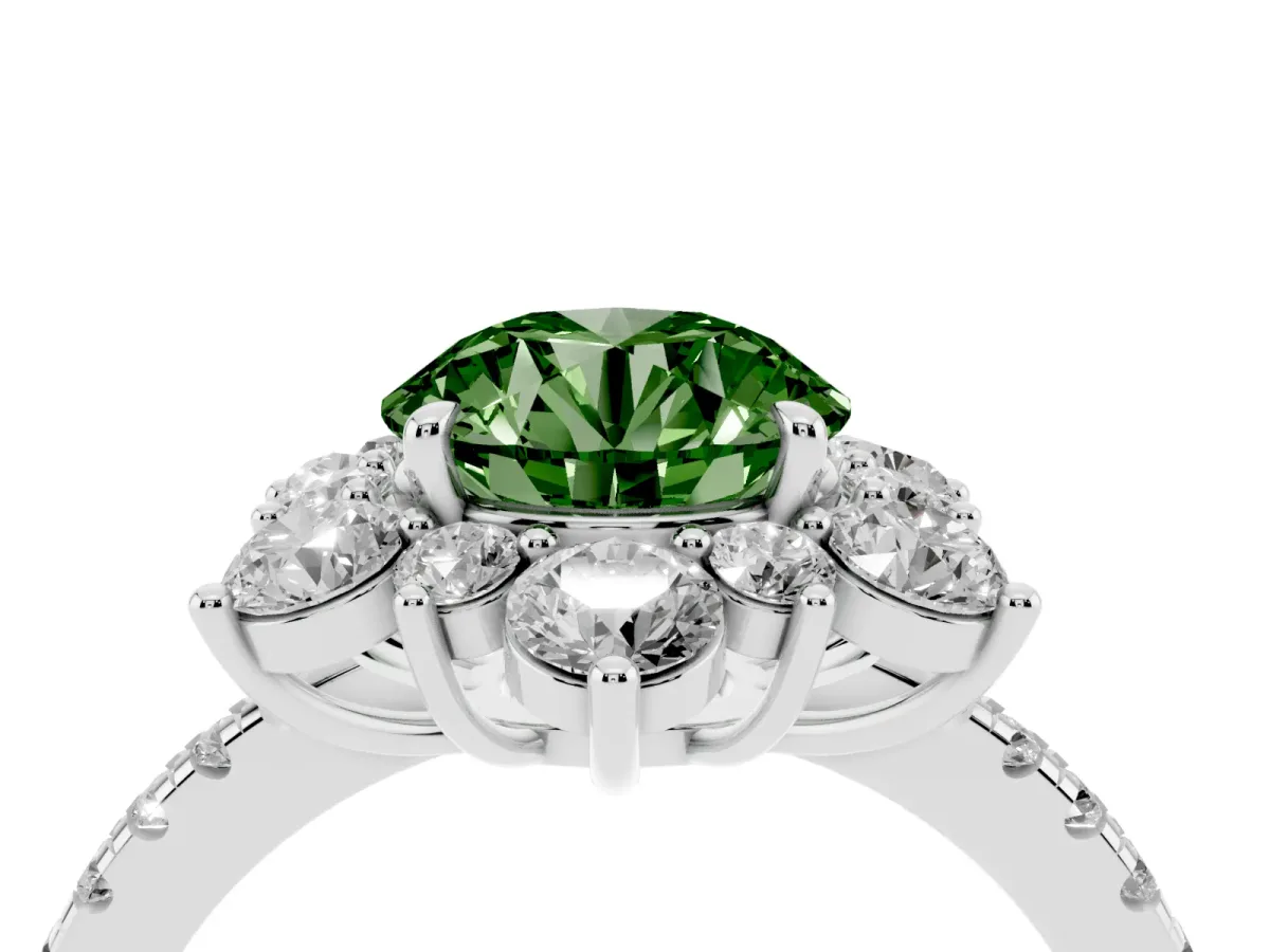Fancy Green Round Cut Diamond Floral Halo Ring with Round Pavé Band and Prong Setting Silver