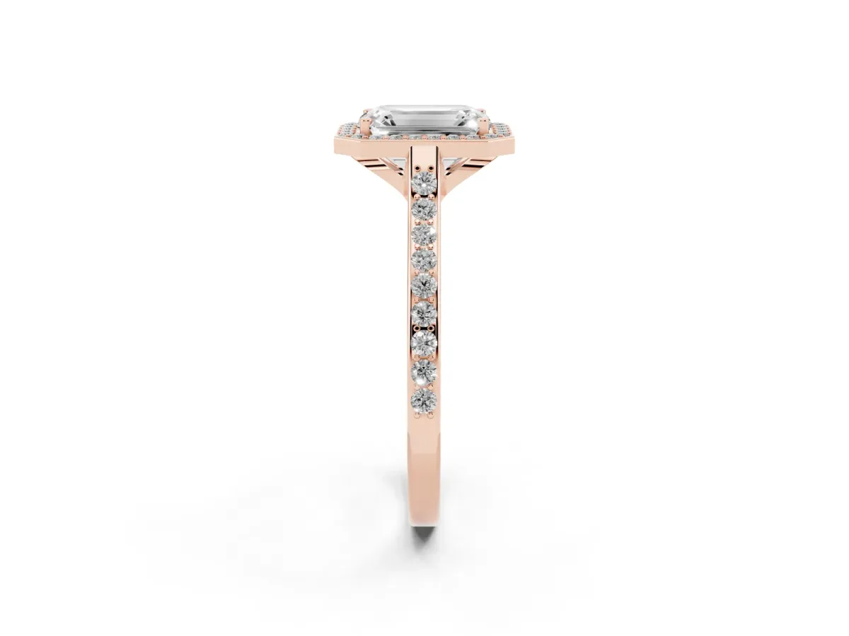 Emerald Cut Diamond Halo Engagement Ring with Round Pavé Shoulders and Prong Setting Rose gold