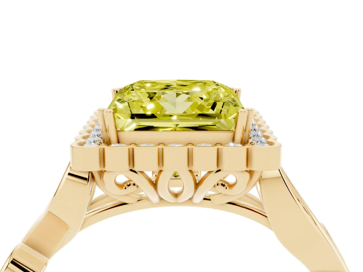 Fancy Yellow Princess Cut Diamond Halo Ring with Vintage Split Shank and Four-Prong Setting Yellow gold