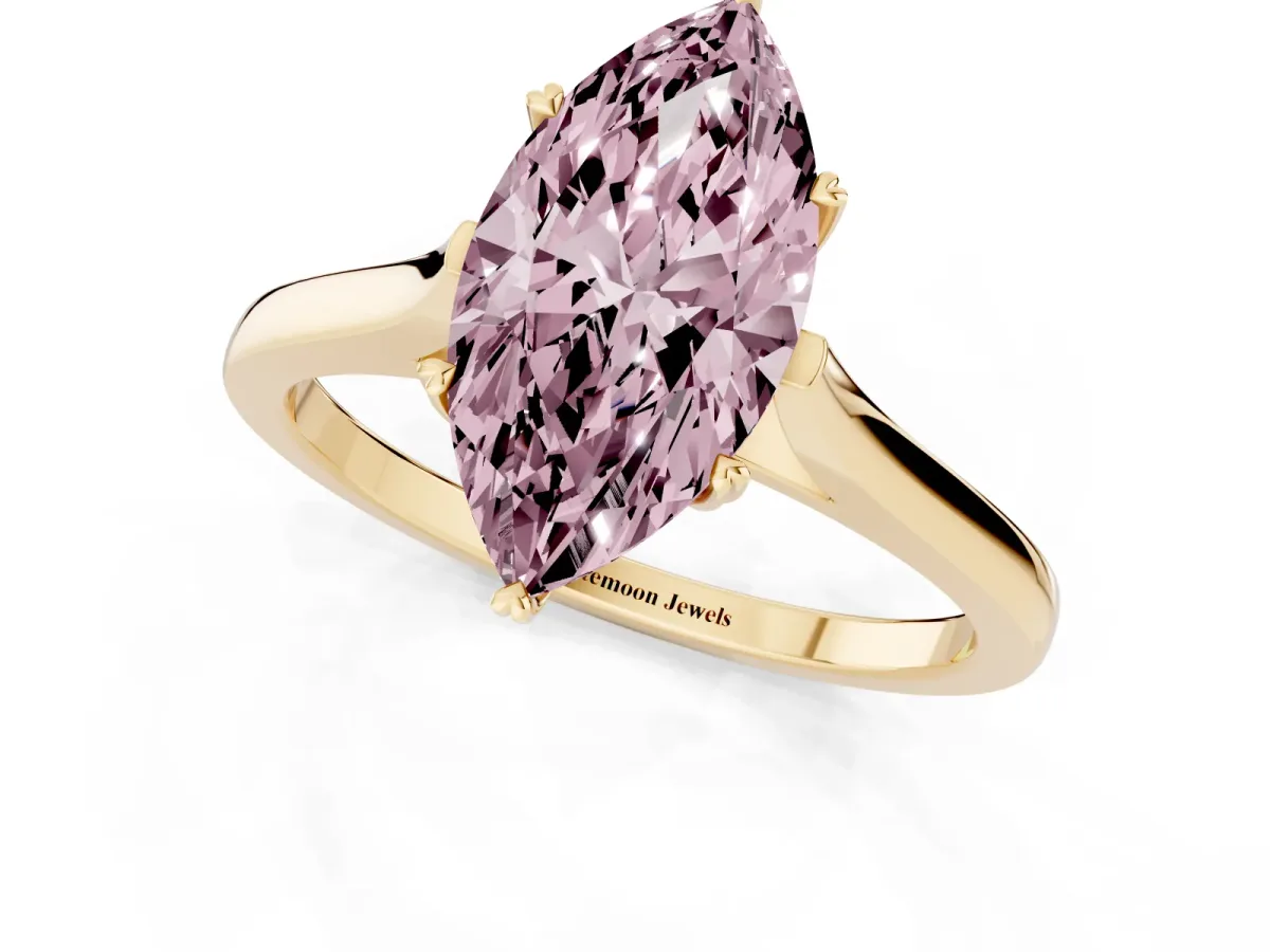 Fancy Pink Marquise Cut Solitaire Heart Prong Engagement Ring with Tapered Band Yellow gold