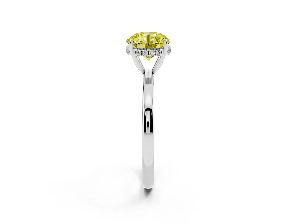 Fancy Yellow Round Cut Solitaire Diamond Ring with Prong Setting and Plain Band Silver