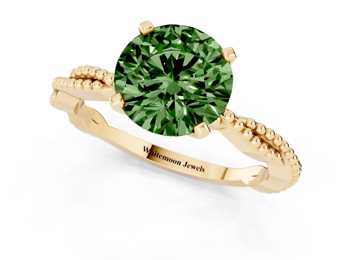 Fancy Green Round Cut Solitaire Twisted Band with Bead Prong Setting Yellow gold