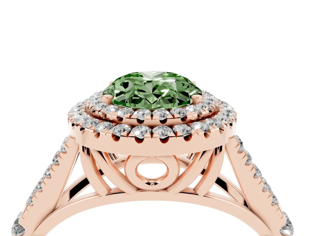Fancy Green Oval Cut Cut Double Halo Split Shank Diamond Ring with Prong Setting Rose gold