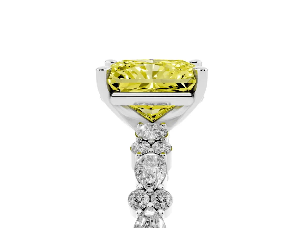 Fancy Yellow Radiant Cut Diamond Side Stone Solitaire Ring with Round and Four-Prong Setting Silver