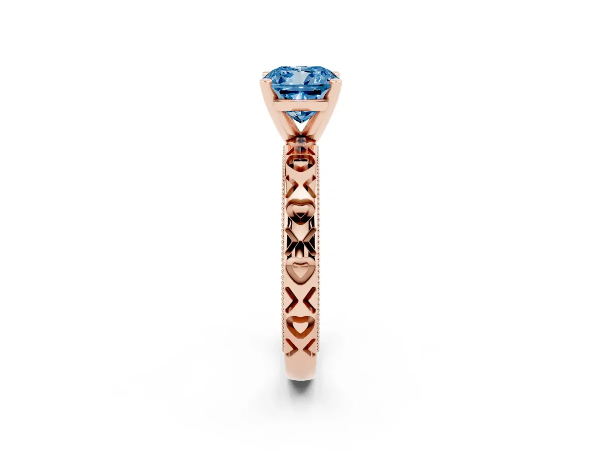 Fancy Blue Cushion Cut Solitaire Diamond Engagement Ring with XO Engraved Band and Four-Prong Setting Rose gold