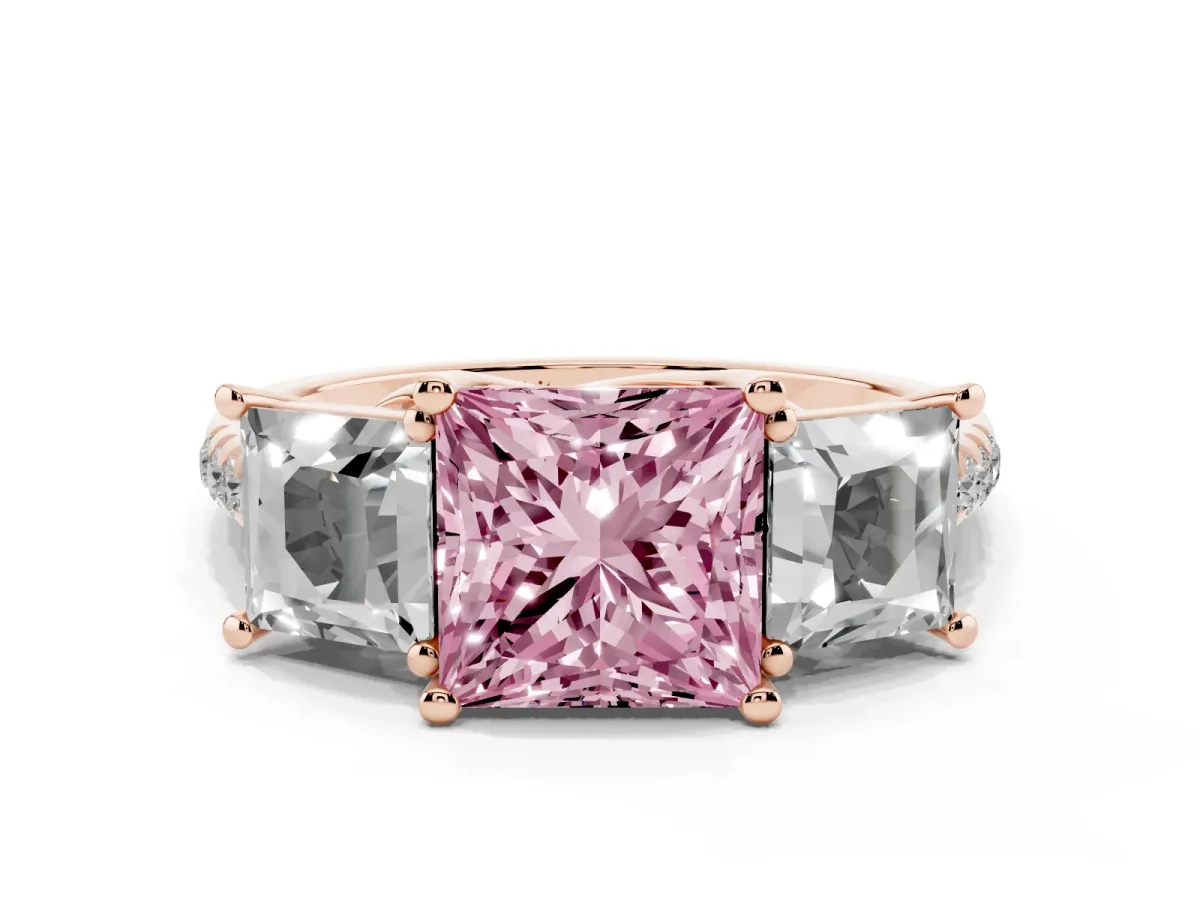 Fancy Pink Three-Stone Princess Cut Diamond Ring with Round Pavé Band and Prong Setting Rose gold