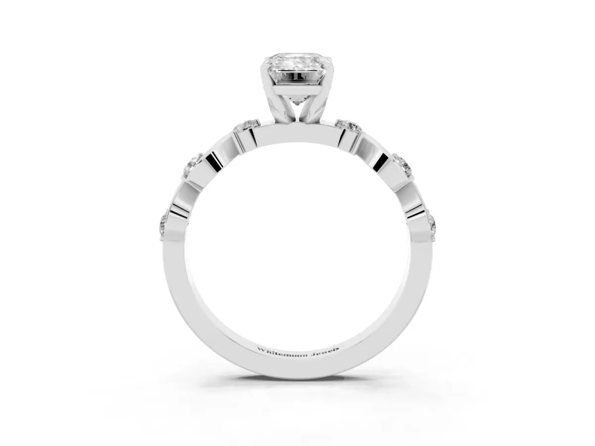 Emerald Cut Diamond Solitaire Twisted Band with Round Accents and Prong Setting Silver