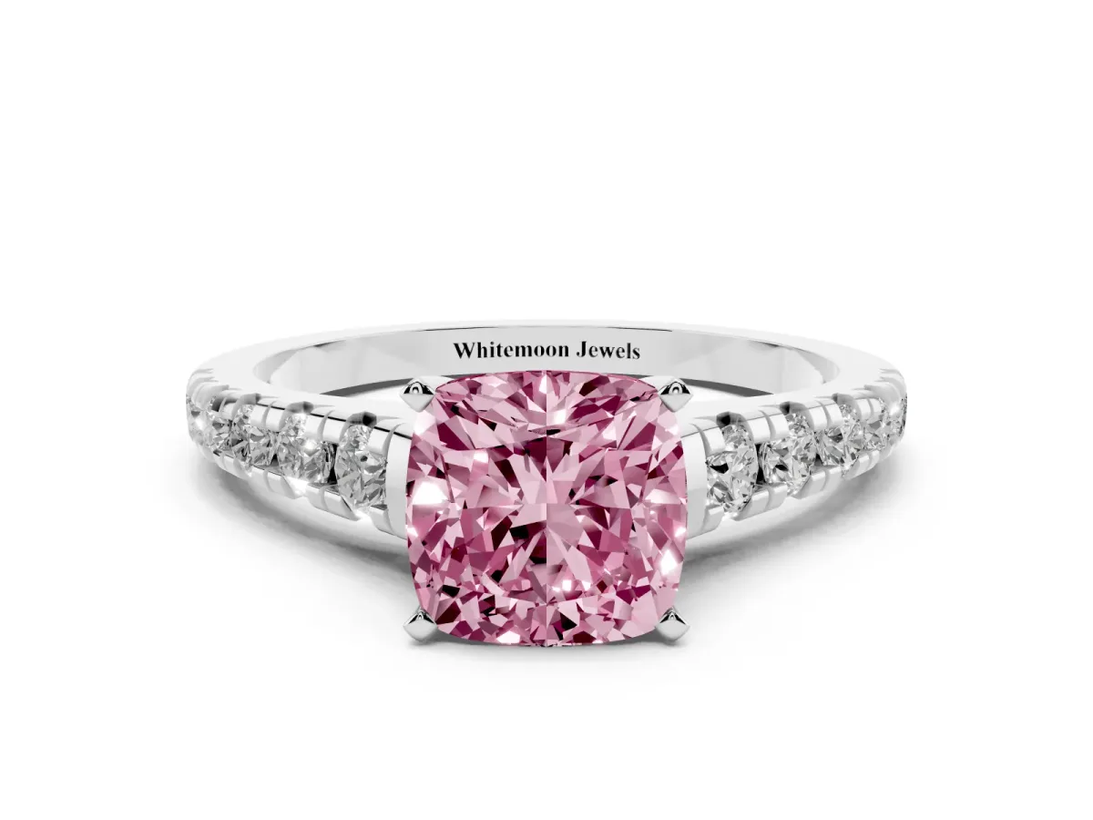 Fancy Pink Cushion Cut Diamond Cathedral Solitaire Ring with Round Pavé Band Silver