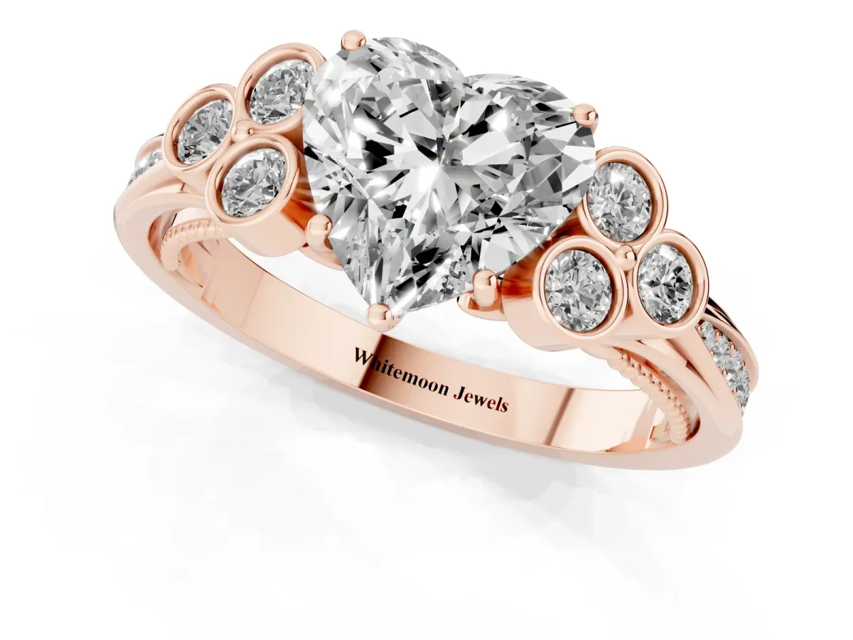 Heart Cut Cut Diamond Engagement Ring with Bezel Set Round Side Stones and Prong Setting Rose gold