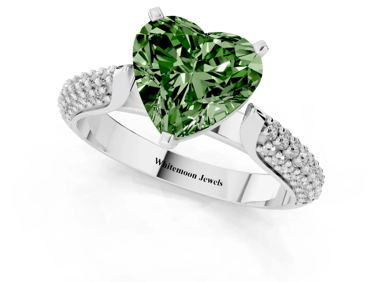 Fancy Green Heart Cut Diamond Solitaire Engagement Ring with Multi-Row Round Pavé Band and Prong Setting Silver