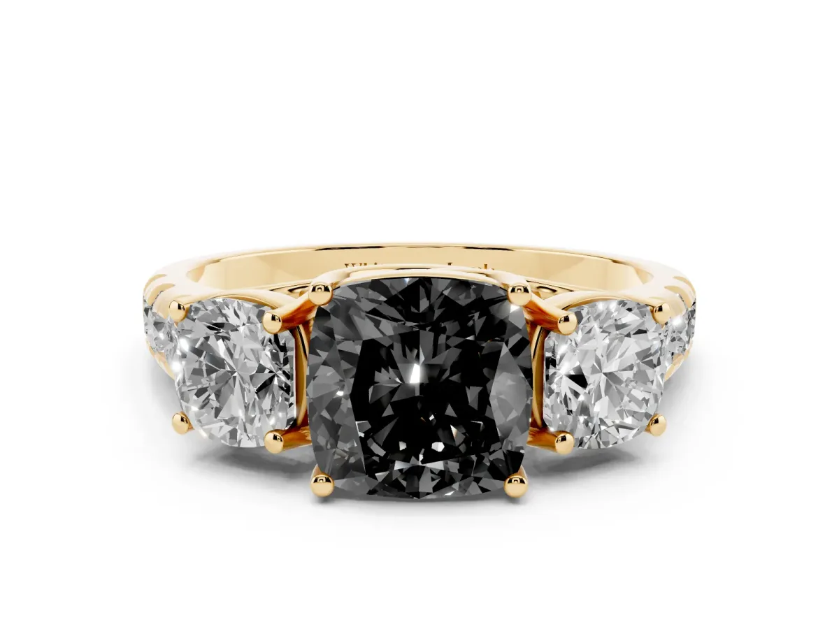 Fancy Black Three-Stone Cushion Cut Diamond Pavé Band with Prong Setting Yellow gold