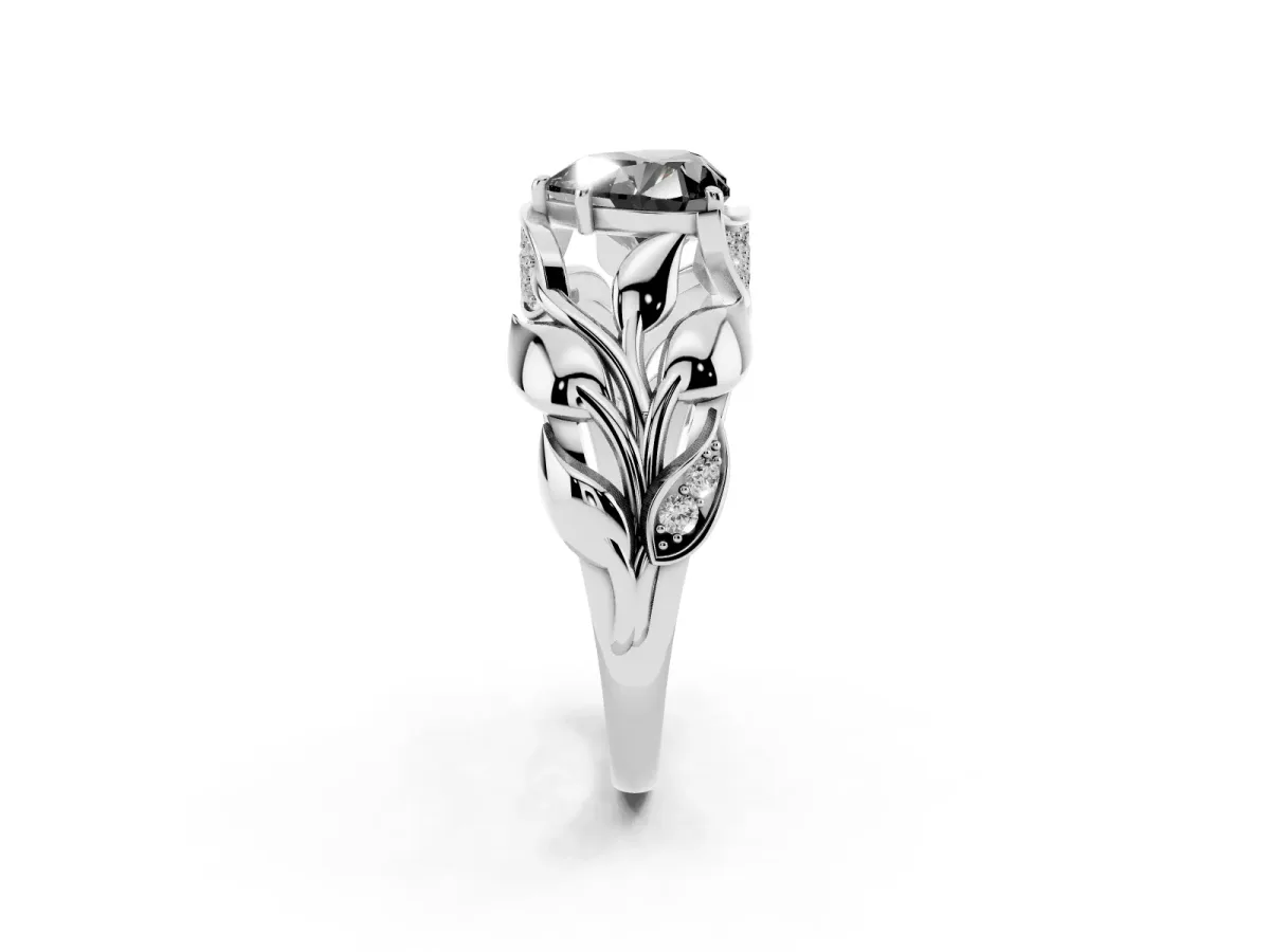Fancy Black Heart Cut Diamond Leaf-Inspired Engagement Ring with Round Accents and Prong Setting Silver